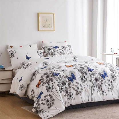 Reversible Twin Comforter Set with Sheets, 7 Pieces Twin Bed in a Bag with Comforter, Sheets and Pillowcases, Floral Butterfly Hearts Soft Microfiber Kids Twin Bedding Set, Grey and White
