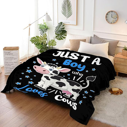 Just A Boy Who Loves Cows Blanket Soft Blankets and Throws Flannel Cozy Lightweight Quilt Gift Perfect for Bed Sofa Couch-80 x60 Large for Adult