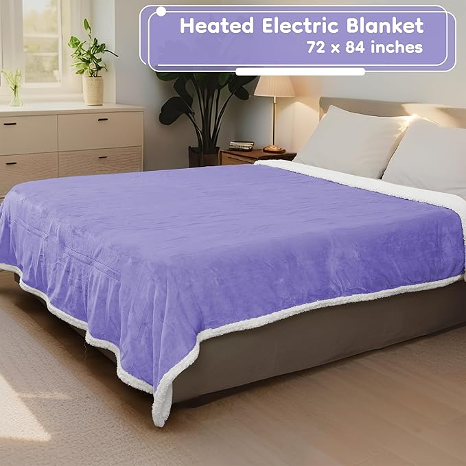 Electric Heated Blanket Full Size - 72"x84", Soft Flannel Heating Blanket, 10 Heating Levels, 1-12 H Auto Shut Off, Breathable Warm and Washable for Bed, Light Purple