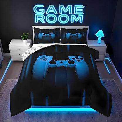 Feelyou Boys Gamer Comforter Set Queen Size Bedding Set for Kids Gaming Comforter Blue Black Video Games Gamepad Room Decor for Teens Child Super Soft Geometric Duvet Quilted Son Grandson Gift