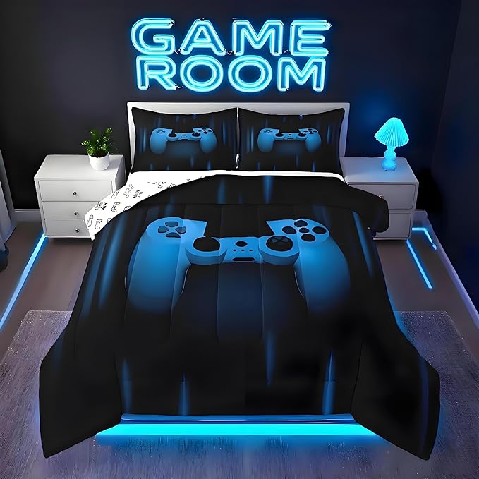 Feelyou Boys Gamer Comforter Set Twin Size Bedding Set for Kids Gaming Comforter Blue Black Video Games Gamepad Room Decor for Teens Child Super Soft Geometric Duvet Quilted Son Grandson Gift