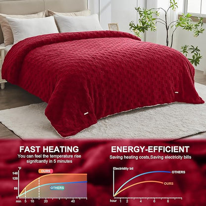 Electric Heated Blanket Twin Size - Jacquard Checkered Sherpa 62"x84" Fast Heating Bed Blankets with 6 Heating Levels & 10 Hours Auto Off, Over-Heat Protection ETL, Red