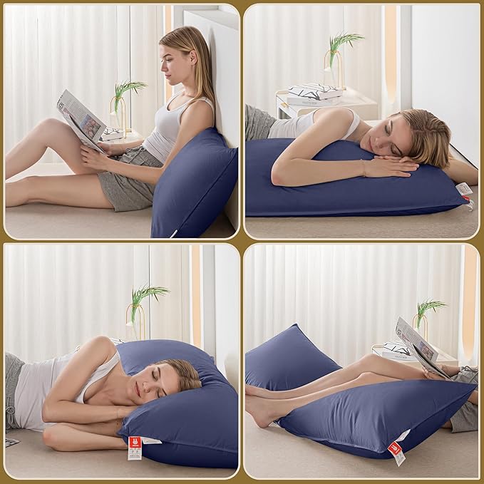 Goose Down Body Pillows for Adults, Large Body Pillow for Side Sleeper, Hugging Feather Body Pillow Insert, Cooling Full Length Long Pillow for Bed with 100% Organic Cotton Shell, Navy Blue 20"x54"