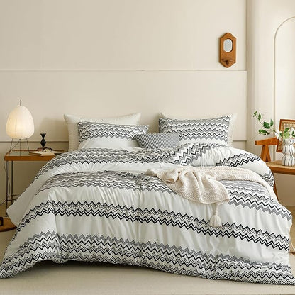Wellboo Boho Black Striped Comforter Set Full Aztec Southwest Bedding Set Women Men Bohemian White Black Geometric Quilt Farmhouse Striped Aztec Folkloric Blankets White and Black Wavy Art Comforters