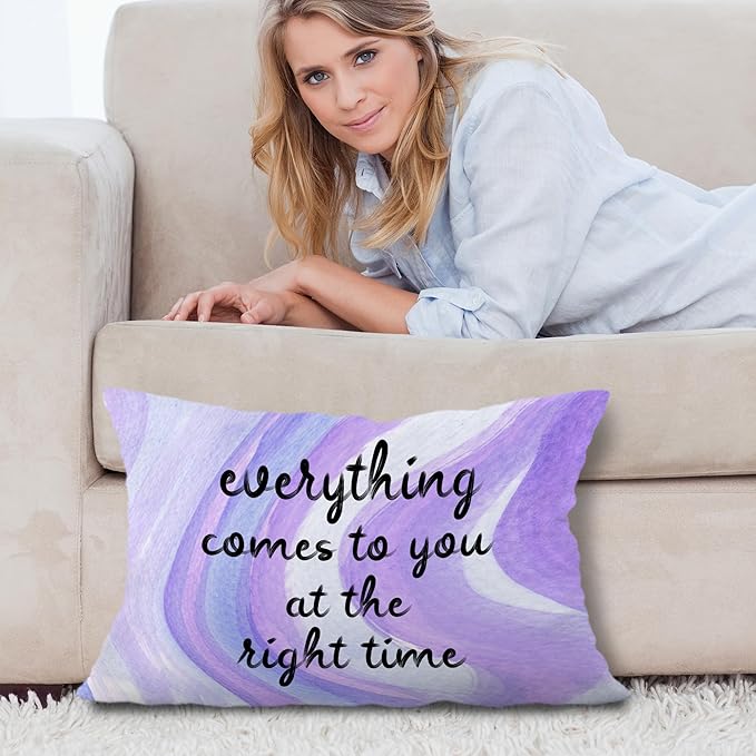 Abstract Purple Inspirational Pillow Covers 12x20, Mindfulness Gifts, Self Motivation Everything Comes to You at The Right Time Decorative Lumbar Pillow Covers for Bedroom Living Room Home