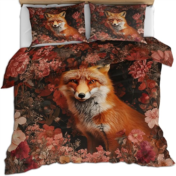 Fox Print Duvet Cover King Size, Colorful Flowers Fox Bedding Set 3 Piece Bedroom Decor Vintage Animal Floral Comforter Cover and 2 Pillow Sham with Zipper Closure