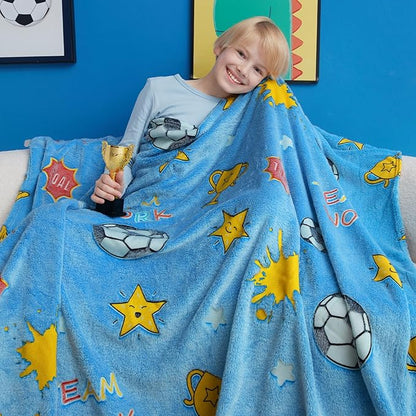 Glow in The Dark Soccer Blanket,Football Gifts Toys for Boys Kids, Birthday Presents Decor for Kids Age 3-14 Year Old Son Teen Child Toddler Luminous Christmas Bedroom Throw Blanket 50"x60"