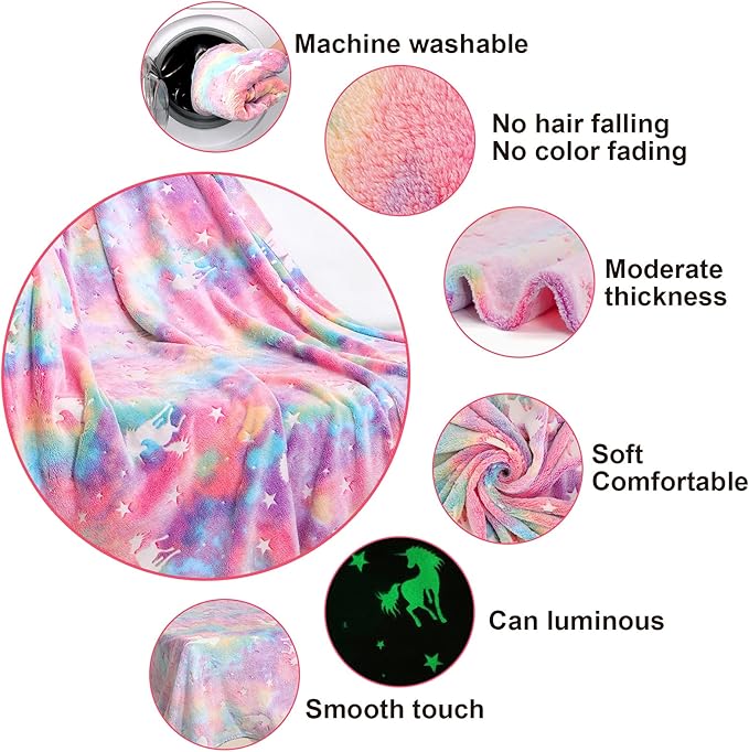 SALIMAH Glow in The Dark Blanket Unicorns Gifts for Girls, Toys for Girls Age 2 3 4 5 6 7 8 9 10 Year Old, Soft Kids Blankets Gifts for Grandkids Teens for Christmas Birthday, 50"x60"