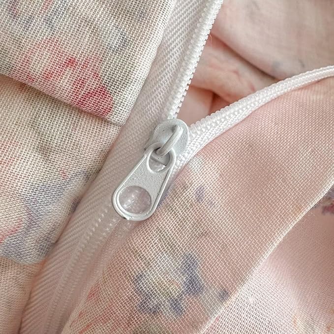 BuLuTu French Garden Pink Floral Duvet Cover Set King Size, Princess Style Lace Ruffled Bedding Set - 1 Comforter Cover King with 2 Pillow Cases, 100% Muslin Cotton Bedding, Soft Breathable