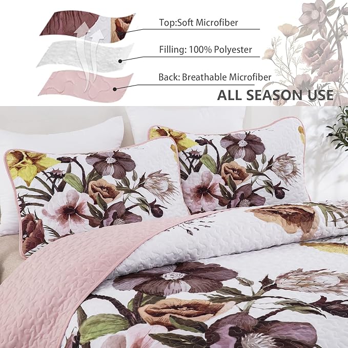 Drucon Floral Quilt Set King 3 Pieces Boho Blush Quilt Coverlet Set Soft Microfiber Lightweight Colorful Floral Quilted Bedspread for All Season 104"x90"