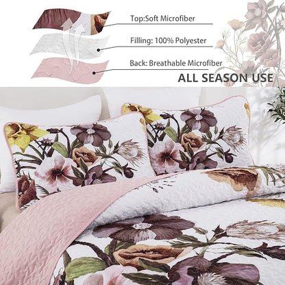 Drucon Floral Quilt Set King 3 Pieces Boho Blush Quilt Coverlet Set Soft Microfiber Lightweight Colorful Floral Quilted Bedspread for All Season 104"x90"