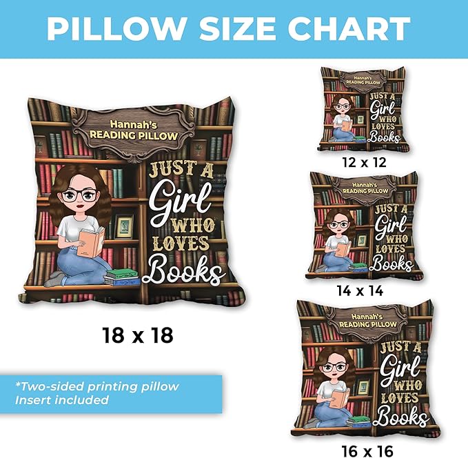 Hyturtle Personalized Book Pillow (Insert Included) Gifts for Girls Book Lovers, Reading Club Librarian on Birthday Christmas, Just A Girl Who Loves Books Custom Name Couch Cushion Decor Throw Pillow