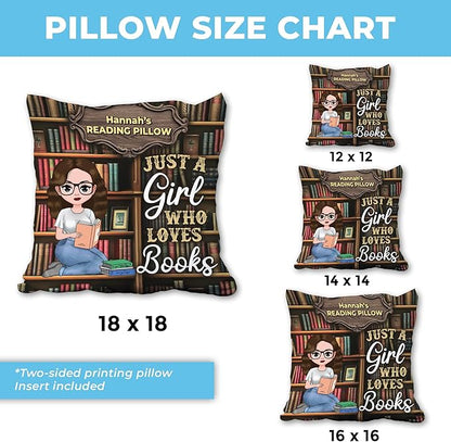 Hyturtle Personalized Book Pillow (Insert Included) Gifts for Girls Book Lovers, Reading Club Librarian on Birthday Christmas, Just A Girl Who Loves Books Custom Name Couch Cushion Decor Throw Pillow
