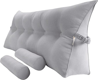 Triangular Reading Bedrest Pillow Large Bolster Cushion Headboard Backrest Wedge Pillow with Two Detachable Roll Pillows for Neck & Lumbar Support(Chalk Grey, California King 71x8x20 inches)