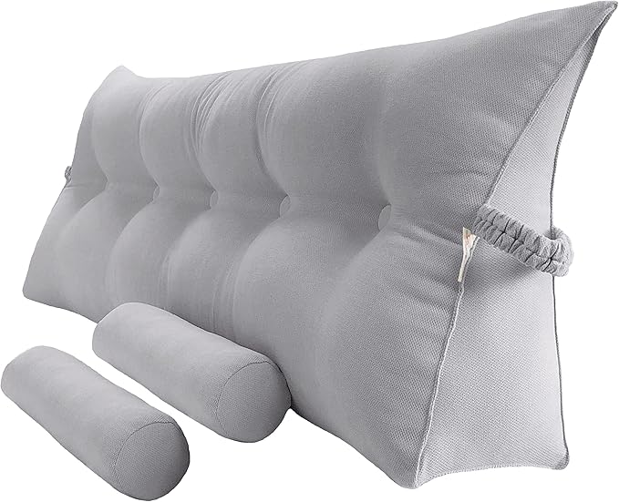 Triangular Reading Bed Rest Pillow Large Bolster Cushion Headboard Backrest Wedge Pillow with Two Detachable Roll Pillows for Neck & Lumbar Support (Chalk Grey, King: 77 x 8 x20 inches)