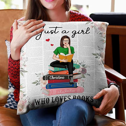 Hyturtle Personalized Just A Girl Who Loves Books Pillow (Insert Included) Gifts for Girl Women - Birthday Gifts for Book Lovers Librarian - Custom Name Sofa Couch Cushion Home Decor Pillow