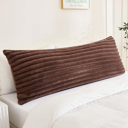 Full Body Pillow with Fluffy Stripe Faux Fur Removable Cover, Long Bed Pillow Adult 20x54 Inches for Side Sleeper and Pregnancy, Coffee.