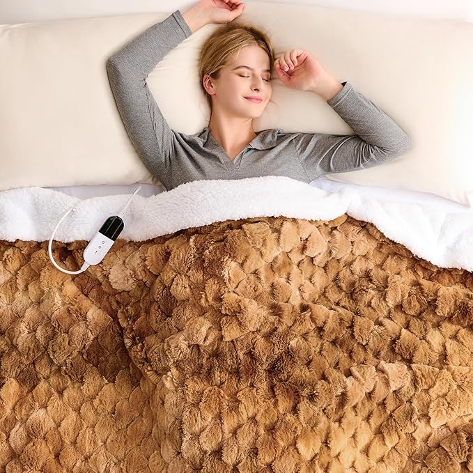 Homemate Heated Blanket Electric Throw - 50"x60" Heating Blanket Throw 1/2/4/6/8 Hours Auto-Off 10 Heat Levels Over-Heat Protection Luxury 800 GSM Faux Fur 200 GSM Sherpa ETL Certification