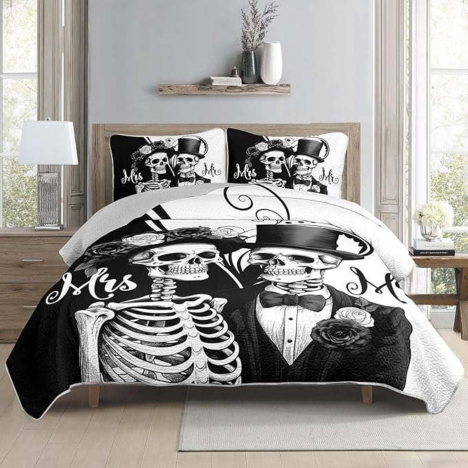 AILONEN Black and White Full Size Quilt Set,Mr Mrs Skull Bedspread Coverlet + 2 Pillowcases,3Pcs Valentines Skeleton His Hers Bed Cover for Couples Lovers