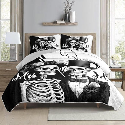 AILONEN Black and White Twin Size Quilt Set,Mr Mrs Skull Bedspread Coverlet + 2 Pillowcases,3Pcs Valentines Skeleton His Hers Bed Cover for Couples Lovers