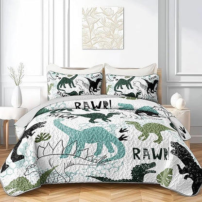 QOOMO Dinosaur Quilt Set King Size,Cartoon Dinosaur Bedspread Coverlet Set,Dinosaurs 3Pcs Bedding Set Printed Quilt with 2 Pillowcases,Soft and Lightweight,for All Seasons