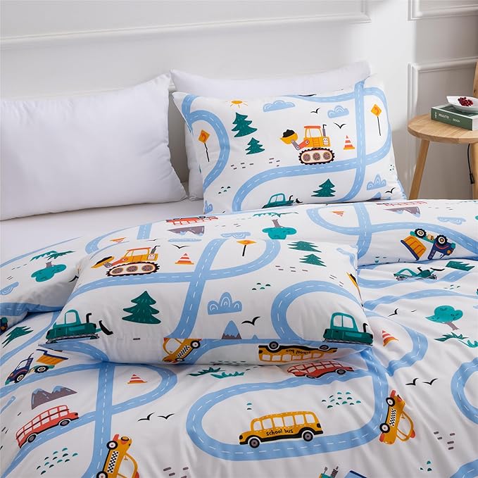 Car Kids Comforter Set Twin Size, 3 Piece Printed Microfiber Comforter with 2 Pillowcases, Lightweight Fun Boys Twin Bedding Set for All Season Washable Easy Care