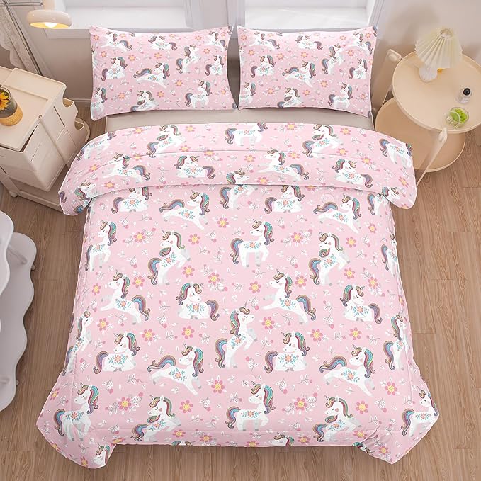 Peopleareok Girls Unicorn Comforter Set Twin(68x86 Inch), 2 Piece Cute Pink Purple Unicorn Print Comforter with 1 Pillowcases, Kids Cartoon Kawaii Comforter for Girls Bedroom Decor All Season