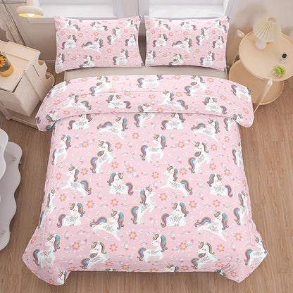 Peopleareok Girls Unicorn Comforter Set Twin(68x86 Inch), 2 Piece Cute Pink Purple Unicorn Print Comforter with 1 Pillowcases, Kids Cartoon Kawaii Comforter for Girls Bedroom Decor All Season