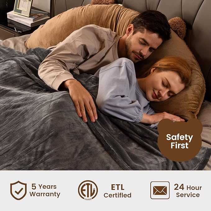 Bearhug Electric Blanket Queen Size 84" x 90", Dual Controllers Grey Heated Blanket, Velvet & Sherpa, 10-Heating Level & 1-12H Auto Off, Over-Heat Protect, ETL, Machine Washable