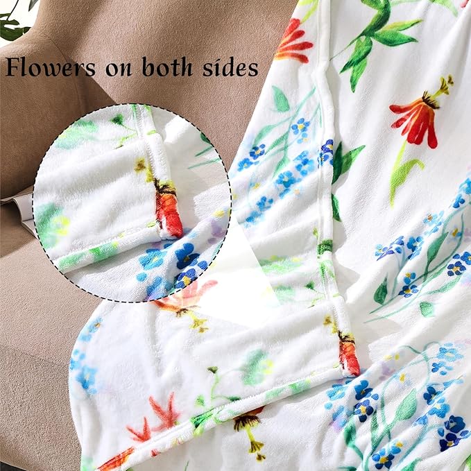 Floral Throw Blanket Birthday Gift for Women Mom Girls Flowers Blanket Summer Wildflower Flannel Blanket Watercolor Printed Throw for Couch Sofa Bed Chair 60"x80"