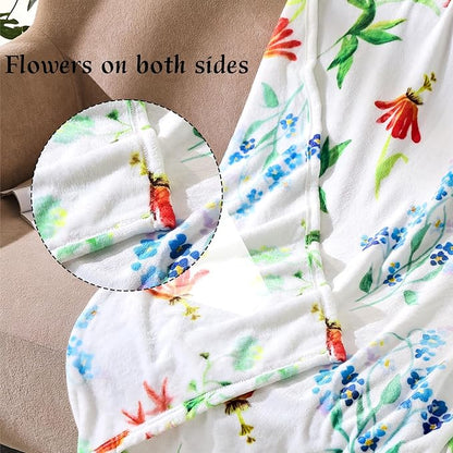 Floral Throw Blanket Birthday Gift for Women Mom Girls Flowers Blanket Summer Wildflower Flannel Blanket Watercolor Printed Throw for Couch Sofa Bed Chair 60"x80"