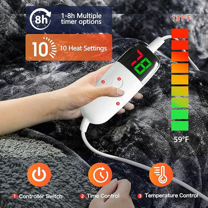greenoak Heated Electric Blanket Full, Faux Fur Sherpa Heating Blanket for Sofa Bed, Warm Winter Gifts for Women/Men, Heater Lap Blankets 5-Position Timer &10 Heating Levels 72''*84" Black