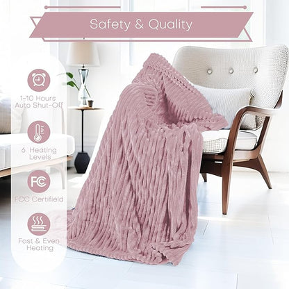 Electric Heated Blanket 50"x60" Throw Size with Cozy Flannel, 6 Heat Settings & 3 Hours Auto Off, Soft & Cozy Warming Throw for Home, Office, or Bed, Machine Washable, Pink