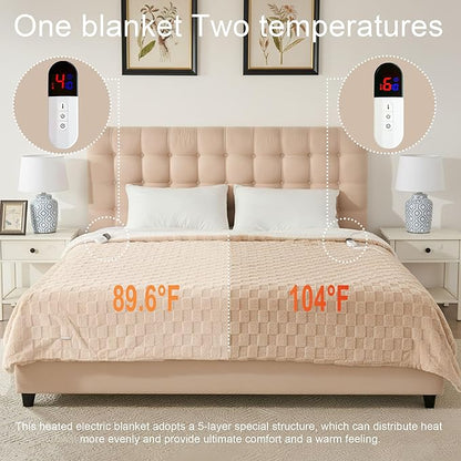 Electric Blanket, Heated Blanket with 6 Heat Levels & 10 Hours Auto Off, Soft Checked Flannel Fast Heating Blanket with ETL & FCC Certification (Khaki, 62"X84")