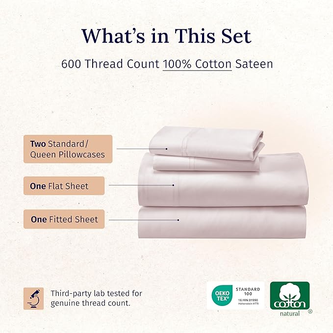 CALIFORNIA DESIGN DEN 5-Star Hotel 600 Thread Count 100% Cotton Sheets Set, Soft & Smooth Queen Sheet Set with Deep Pockets, Quality Beats Egyptian Cotton Claims (Blush Pink)