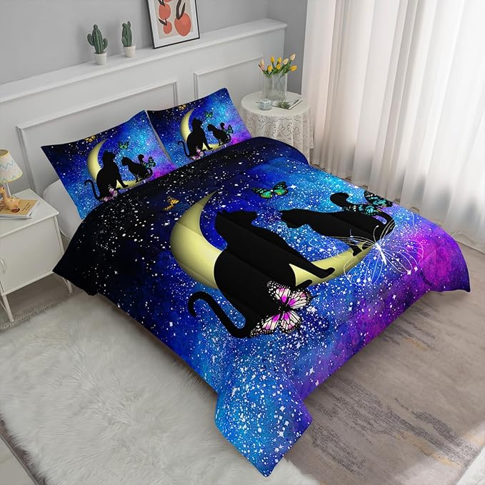 Axolotl Black Cat Comforter Bedding Set King,Cartoon Cat Butterflies Moon Printed Kids Bedding Set,Starry Sky Gradient Bedding for Kids Boys Girls Adults Teens All Season,1 Quilt 2 Pillow Cases,Blue