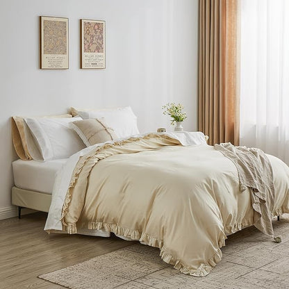 Simple&Opulence Kids 100% Organic Cotton Full Duvet Cover Ruffle 3Pcs(1 Comforter Cover 2 Pillowcases) Cute Lace Vintage Boho Shabby Chic Farmhouse Bedding Set Teen Girls(Beige, Full)