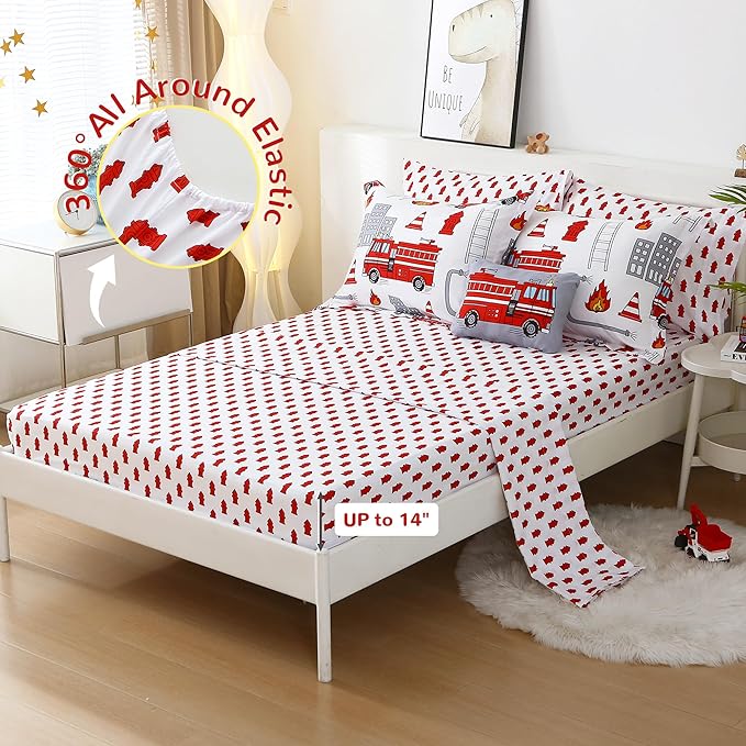 Mooreeke Kids Full Comforter Sets for Boys 8 Pieces Fire Truck White Bedding Set for Teens Soft Microfiber Kids Bed in A Bag with Comforter, Sheet Set, Shams and Decorative Toy Pillow All Season