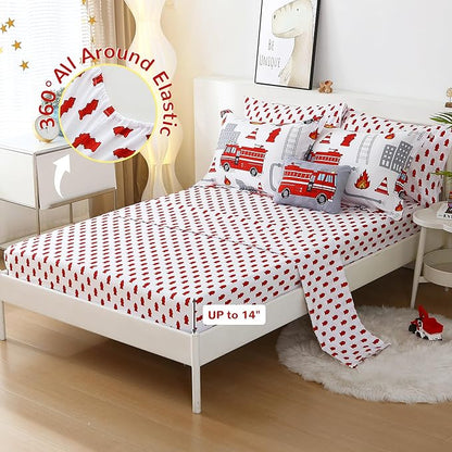 Mooreeke Kids Full Comforter Sets for Boys 8 Pieces Fire Truck White Bedding Set for Teens Soft Microfiber Kids Bed in A Bag with Comforter, Sheet Set, Shams and Decorative Toy Pillow All Season