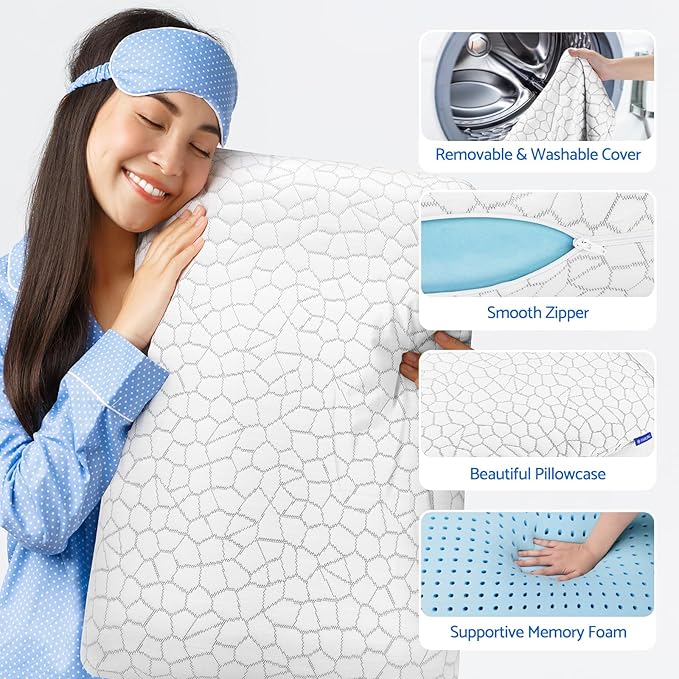 Memory Foam Pillows for Sleeping, Bed Pillow with Removable and Machine Washable Cover, Bed Pillow for Side, Back and Stomach Sleepers, Queen Size (1 Pack)