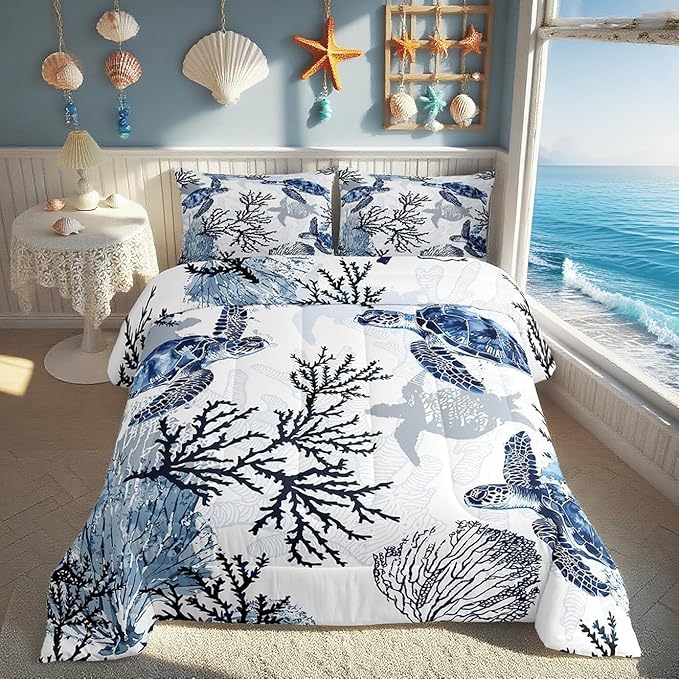 Sea Turtle Bedding Set King Size,Coral Comforter Set 3pcs for Kids Boys Girls Adults Room Decor,Ocean Creature Quilt Set White Navy Blue Microfiber Duvet Insert with 2 Pillowcases
