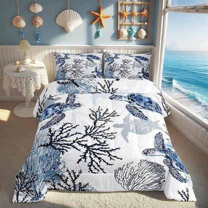 Sea Turtle Bedding Set King Size,Coral Comforter Set 3pcs for Kids Boys Girls Adults Room Decor,Ocean Creature Quilt Set White Navy Blue Microfiber Duvet Insert with 2 Pillowcases