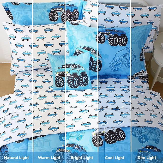Mooreeke Kids Twin Comforter Sets for Boys 6 Pieces Truck Blue Bedding Set for Teens Soft Microfiber Kids Bed in A Bag with Comforter, Sheet Set, Shams and Decorative Toy Pillow All Season