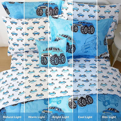 Mooreeke Kids Twin Comforter Sets for Boys 6 Pieces Truck Blue Bedding Set for Teens Soft Microfiber Kids Bed in A Bag with Comforter, Sheet Set, Shams and Decorative Toy Pillow All Season