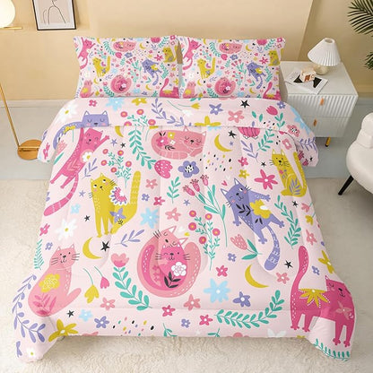 QOOMO Floral Cat Comforter King Size,Pink Cat Comforter Set for Kids Teens Girls,3Pcs Bedding Set Printed Comforter with 2 Pillowcases,Down Alternative,Soft and Lightweight(Pink，King Size)