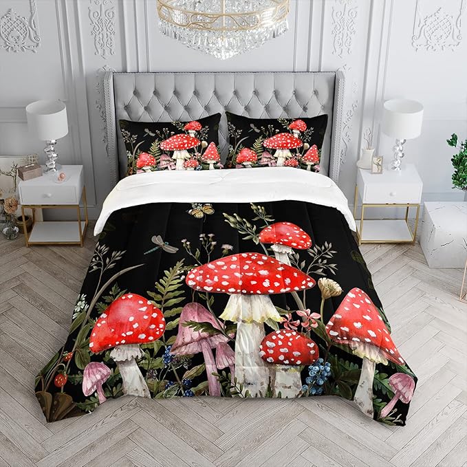 Red Mushroom Kawaii Comforter Set Twin Size Kids Mushroom Dragonfly Bedding Set Botanical Plant Theme Print Quilt Bed Set for Boys Girls Adults with 1 Comforter and 2 Pillowcases