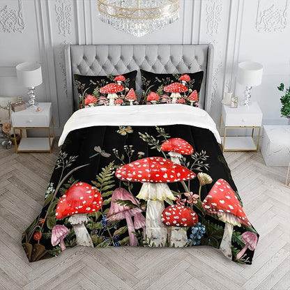 Red Mushroom Kawaii Comforter Set Twin Size Kids Mushroom Dragonfly Bedding Set Botanical Plant Theme Print Quilt Bed Set for Boys Girls Adults with 1 Comforter and 2 Pillowcases