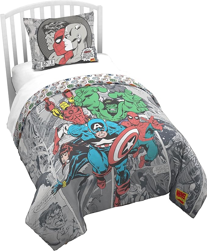 Jay Franco Kids Duvet Cover Set – 2 Piece Super Soft Bedding with Sham Pillowcase, Cover ONLY Comforter Not Included, Grey - Marvel Comics, Twin
