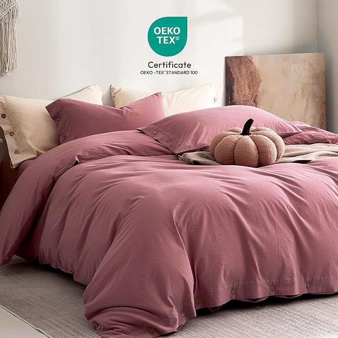JELLYMONI 100% Washed Cotton Duvet Cover Full – Soft, Breathable Linen-Look Bedding with Natural Wrinkle Texture, Button Closure, 3-Piece Set (Deep Rose, 80"x90")