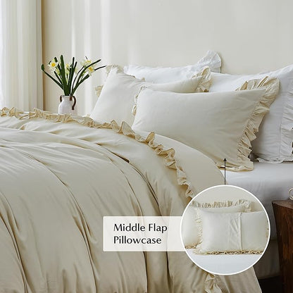 Simple&Opulence Kids 100% Organic Cotton Queen Duvet Cover Ruffle 3Pcs(1 Comforter Cover 2 Pillowcases) Cute Lace Vintage Boho Shabby Chic Farmhouse Bedding Set Teen Girls(Beige, Queen)
